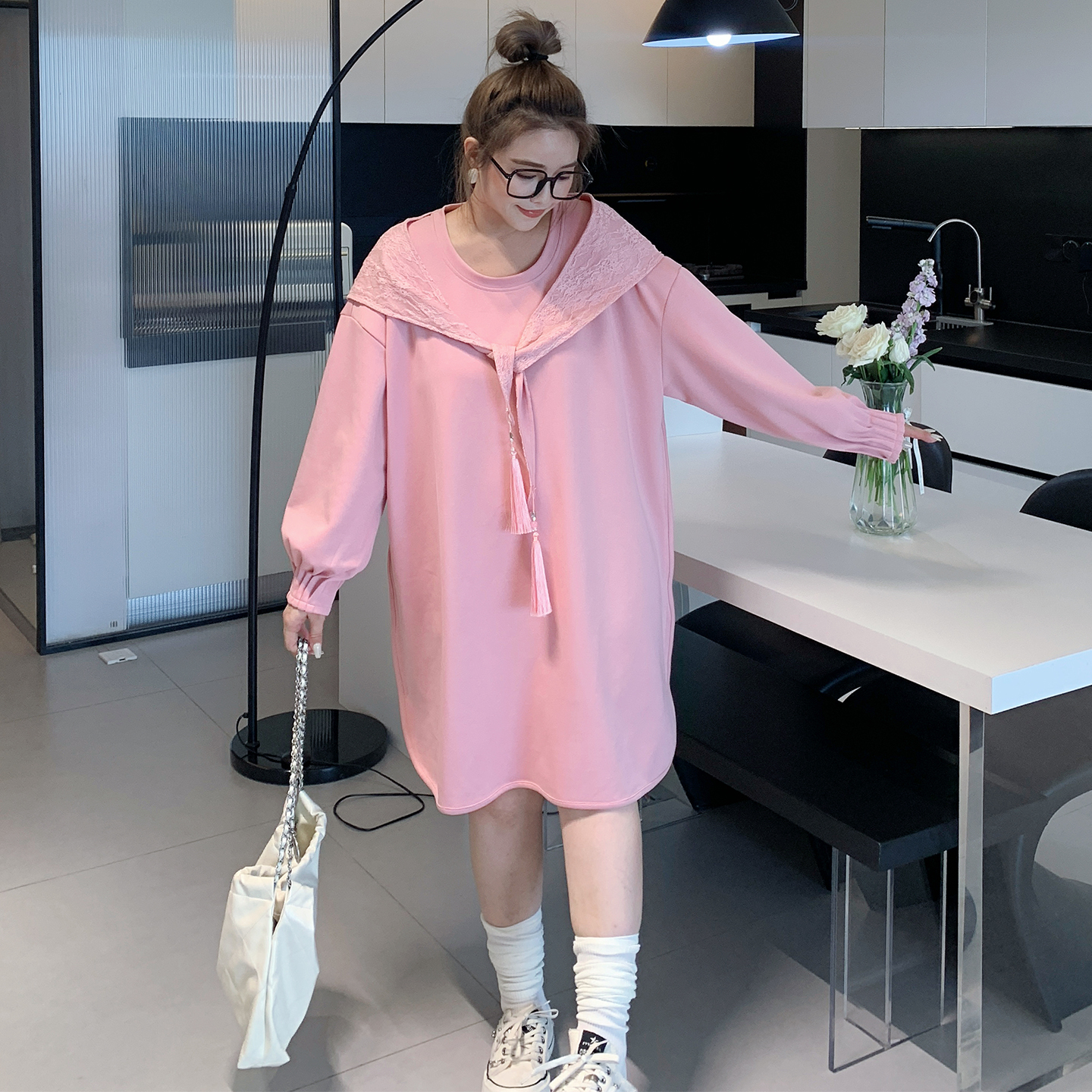 媛子家大码秋季新款胖mm宽松通勤时尚百搭宽松显瘦连帽披肩连衣裙