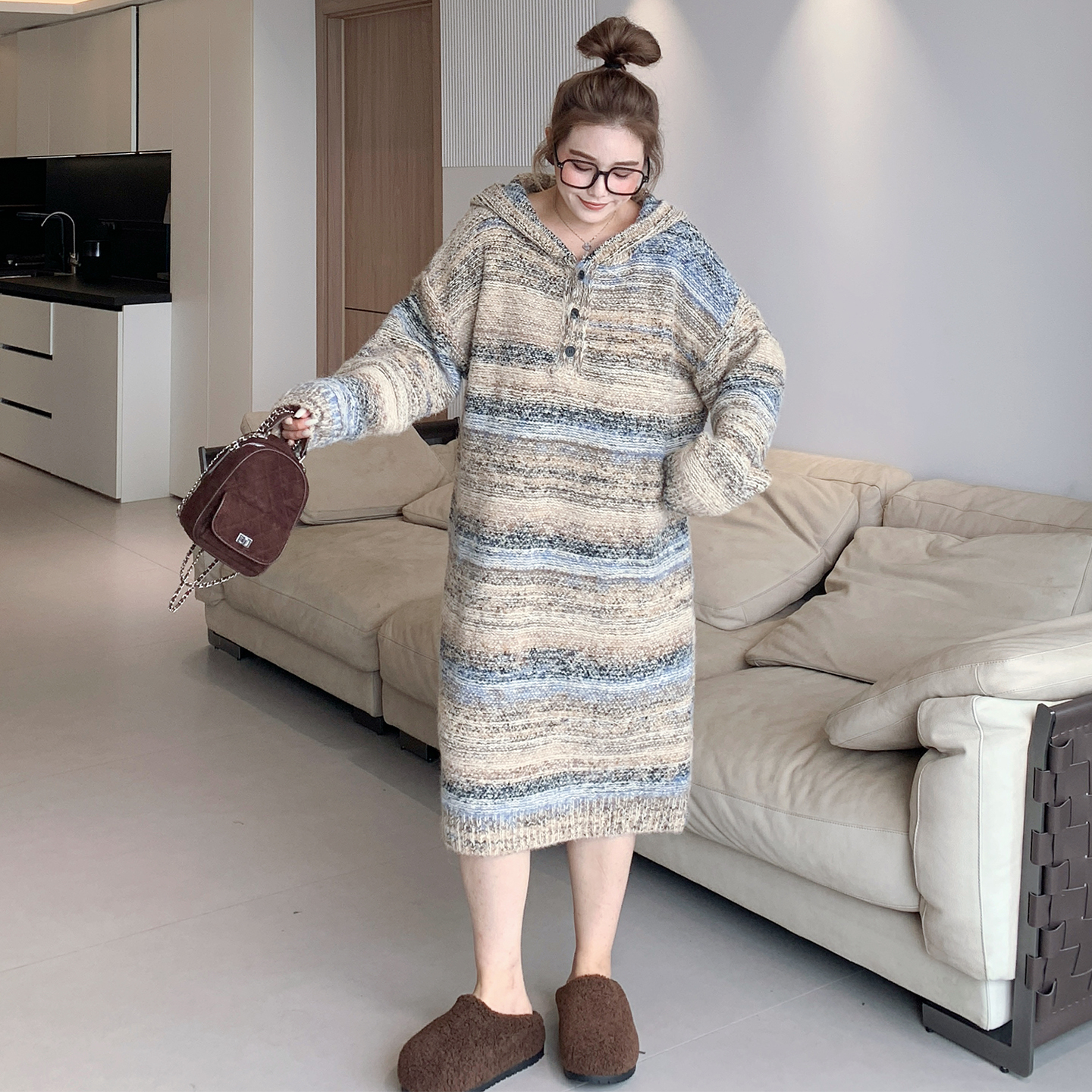 媛子家大码冬季宽松时尚百搭胖mm条纹针织连衣裙女