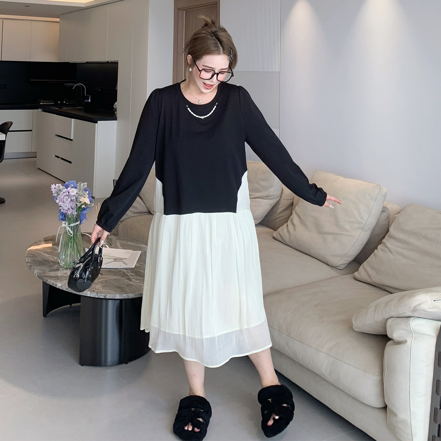 媛子家大码春季时尚设计感胖mm长款拼接连衣裙长裙女韩版宽松休闲