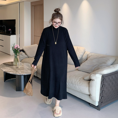 媛子家大码秋冬胖mm百搭加厚纯色半高领连衣裙家居室内宽松打底裙