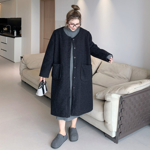 媛子家大码冬季胖mm长袖开衫时尚气质保暖宽松简约韩版毛呢外套女