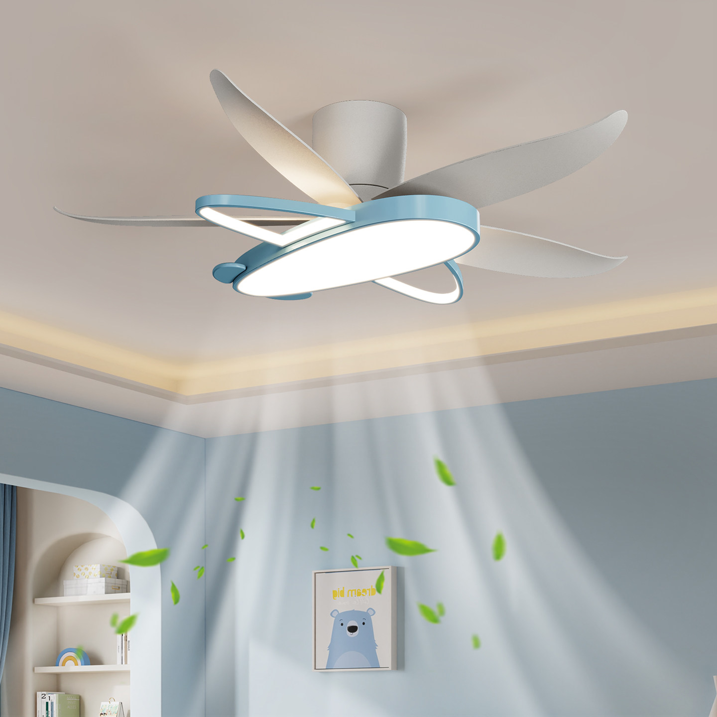 儿童房风扇灯吊扇灯2026新款创意飞机卡通卧室吸顶一体静音电扇灯