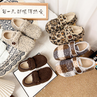 复古加绒毛毛鞋女秋冬保暖魔术贴全包勃肯鞋豆豆鞋外穿毛绒妈妈鞋