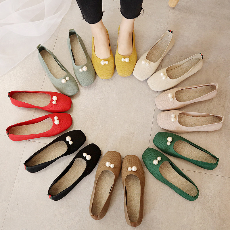 Flat shoes women 2020 Spring and autumn nets pregnant woman knitting Grandma shoes Pearl soft sole A pedal Shallow mouth Doug shoesin the Women's Shoes, Low shoes  category - from Buy2taobao.com to provide professional Taobao agent buy service