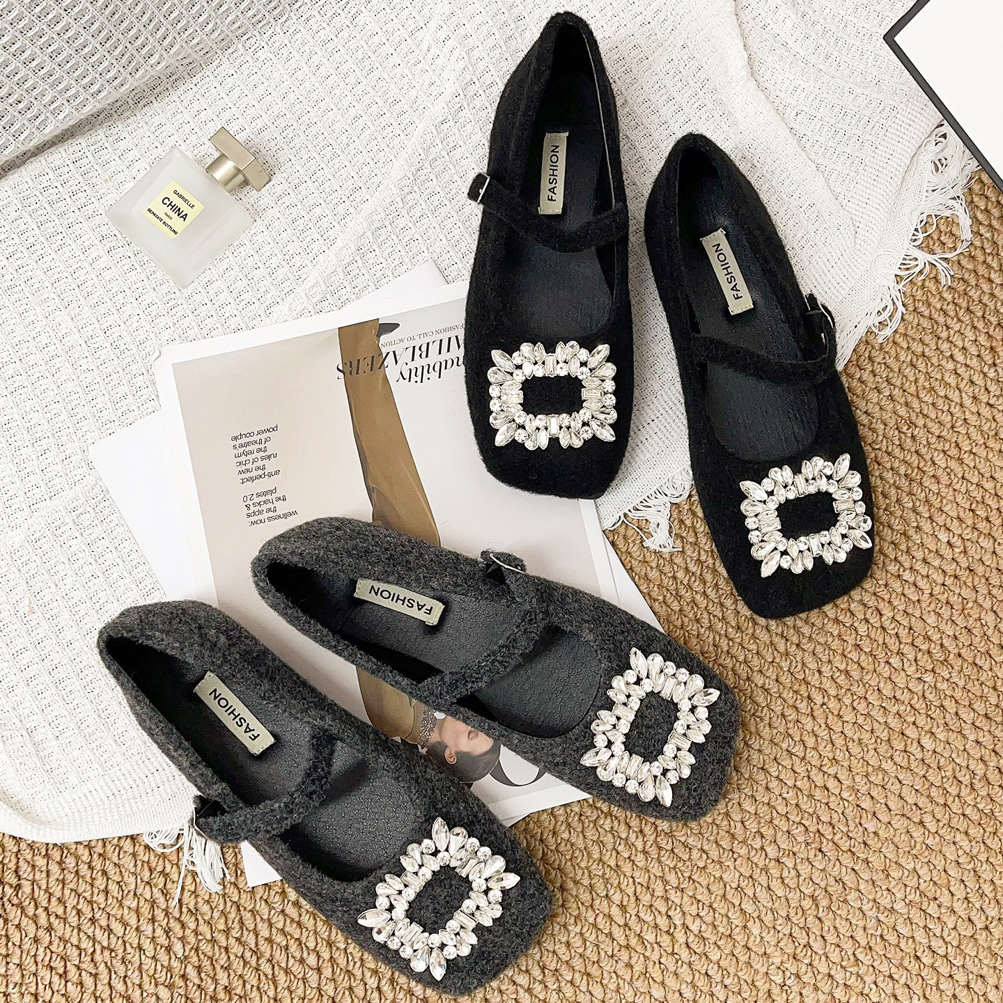 方头气质方扣水钻玛丽珍鞋