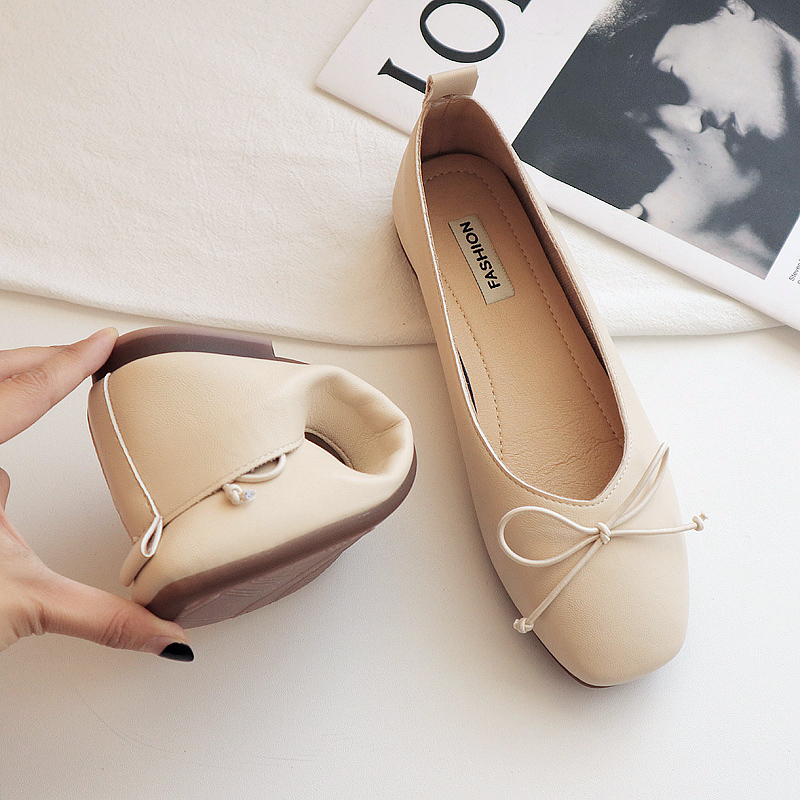 平底方头单鞋女春夏新款浅口软底蝴蝶结懒人豆豆鞋一脚蹬瓢鞋