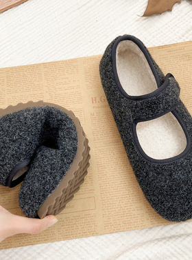 法式玛丽珍毛毛豆豆鞋女秋冬新款平底魔术贴保暖软底灰色加绒单鞋