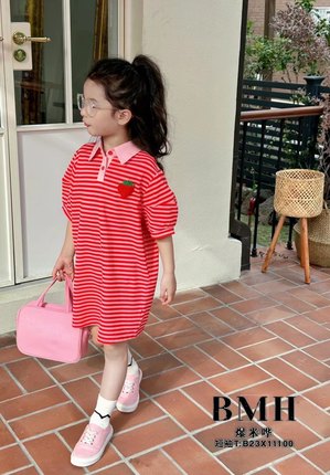 韩国品牌童装23新款夏款儿童条纹草莓休闲短袖T恤上衣体恤