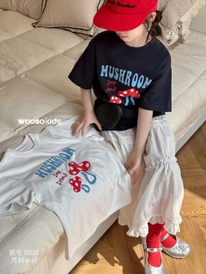 吾束品牌童装2026夏款女童洋气蘑菇卡通短袖短款T恤上衣