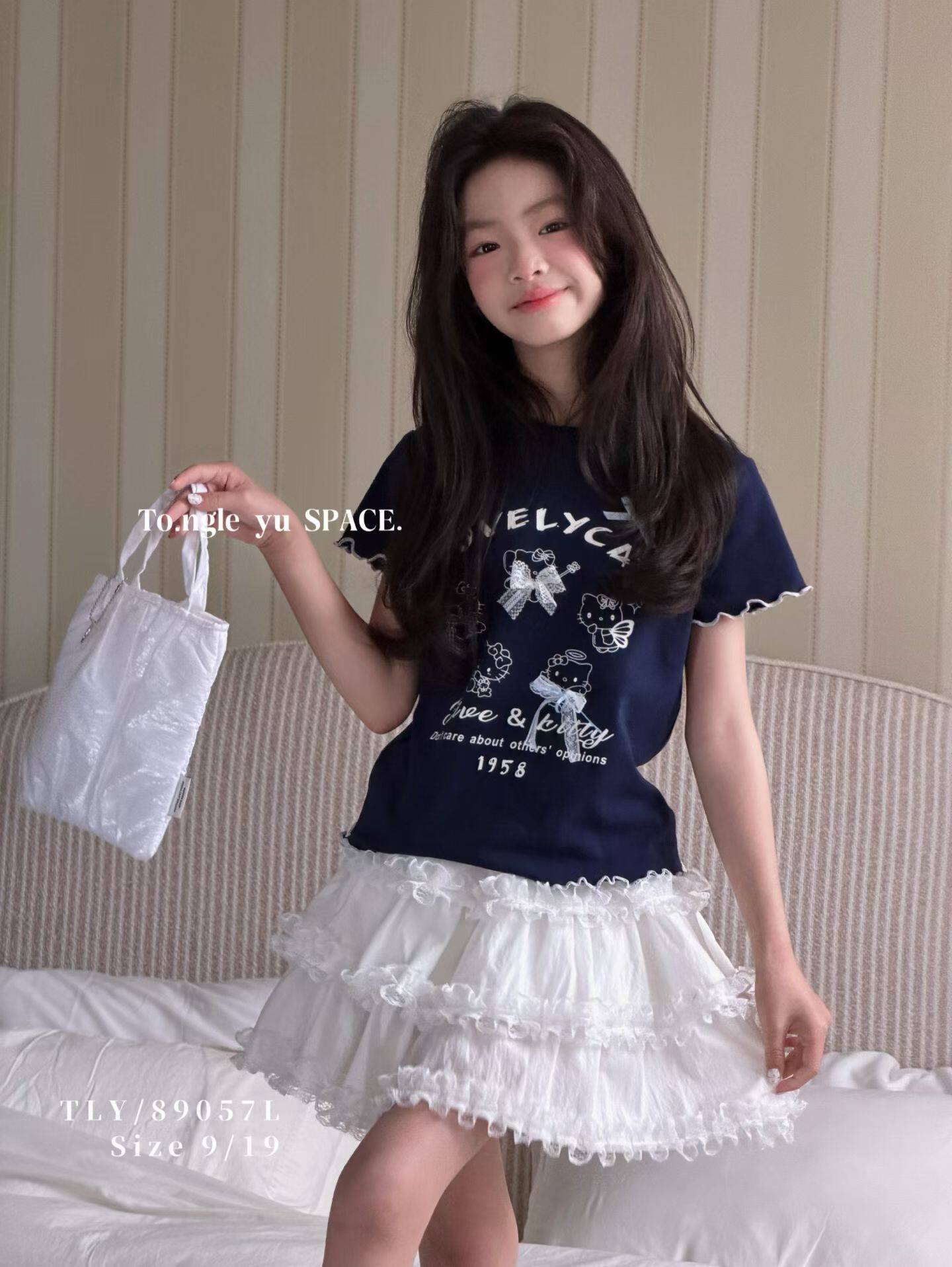 童乐鱼女童猫咪短袖26春夏女孩甜美T恤中大童蕾丝蝴蝶结裙子套装