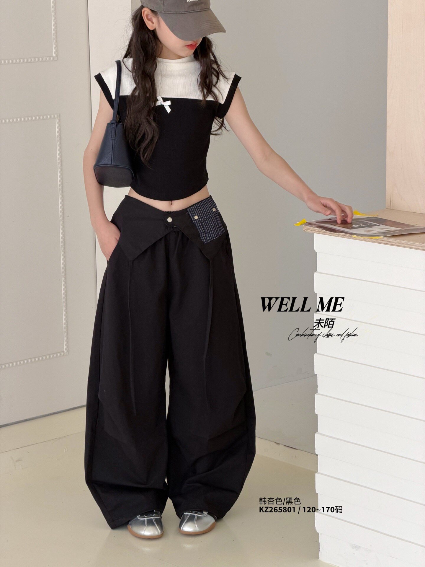 末陌品牌2026春款女童裤子儿童洋气休闲裤拼接阔腿直筒女童裤子