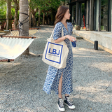 法式蓝色碎花泡泡袖连衣裙女夏2024新款修身显瘦森系小清新长裙，女装连衣裙，浙宝233