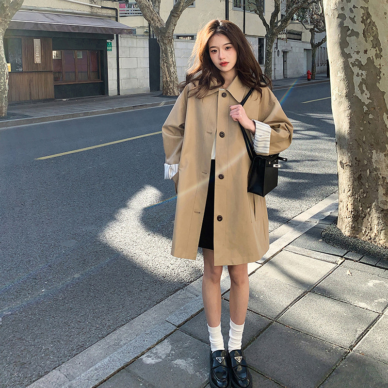 韩系chic咖色单排扣休闲风衣女春秋独特漂亮巨好看宽松小个子外套,女装风衣,浙宝233