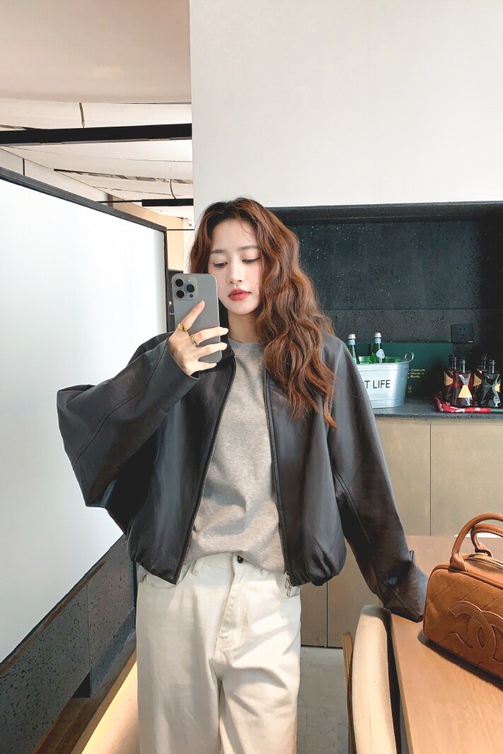 厚款通勤宽松型短外套宽松学生ins皮夹克机车服休闲春秋显瘦网红,女装皮衣,浙宝233