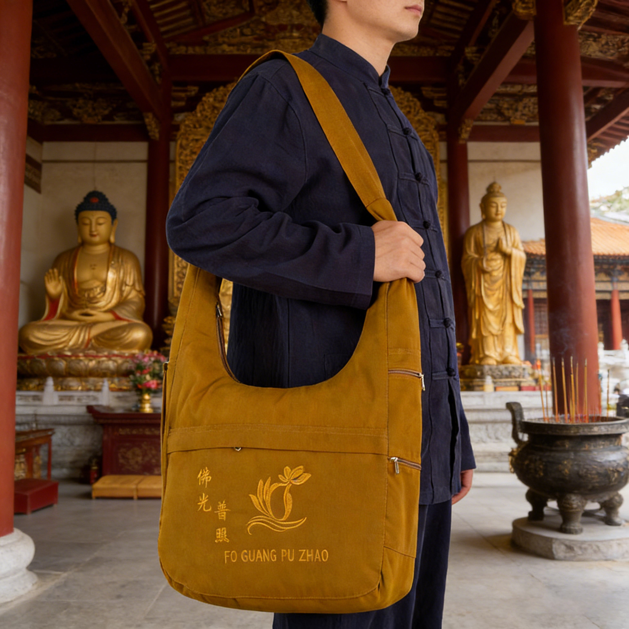 灵隐寺佛光普照帆布包斜挎单肩旅游寺庙朝拜居士僧人罗汉进香客袋