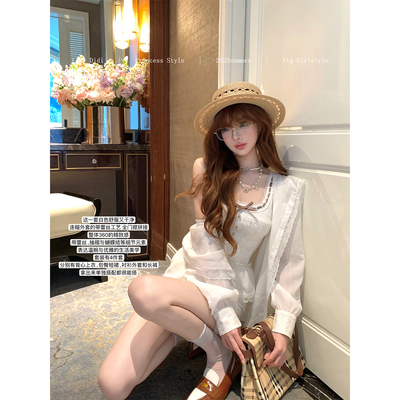Lazy Didi高智系碎片 天丝防晒衬衣吊带长裤夏日重工蕾丝轻氧套装