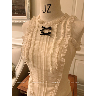 上衣精致木耳边修身 中古软纱蕾丝无袖 打底背心 Didi古董情话 Lazy