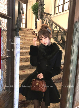 Lazy Didi赫本序章  掐腰夹棉毛呢大衣富家千金加厚毛领呢子外套