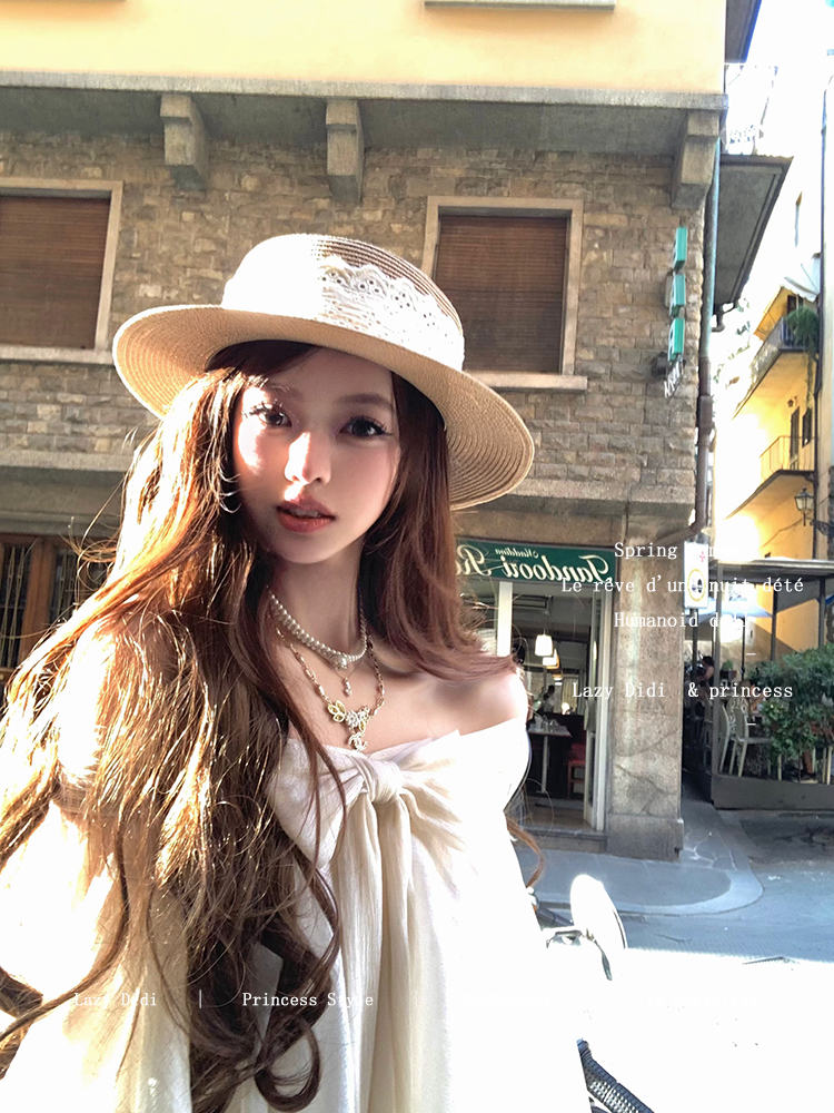 Lazy Didi罗马假日 苍兰香梦幻不规则上衣一字肩气质蝴蝶结泡泡袖