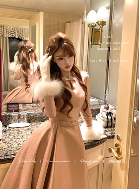 Lazy Didi金粉世家 千金仪式感 双色长裙仿貂披肩气质复古公主裙