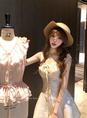 Lazy Didi软香玉 假两件提花缎面立体连衣裙中式甜美风吊带短裙