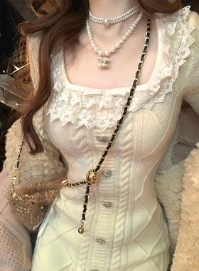 Lazy Didi杏仁烤奶 蕾丝花边领厚实重工纯欲针织修身打底毛衣裙