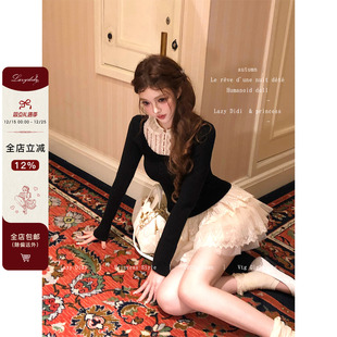 收腰蕾丝假两件双色毛衣网纱娃娃领显瘦上衣 格蕾旧梦 Lazy Didi