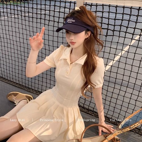Lazy Didi网球少女 公主腰线经典polo裙运动感收腰a字翻领连衣裙