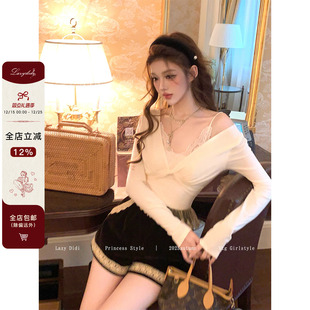 日系中古蕾丝假两件上衣设计感扭结V领打底衫 Lazy Didi蕴藏温柔