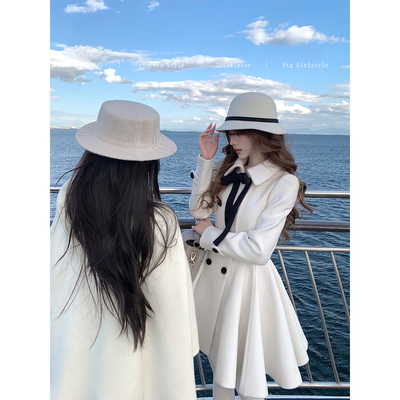 LazyDidi海上钢琴师 立裁腰线3.5米裙摆毛呢大衣千金收腰双排扣