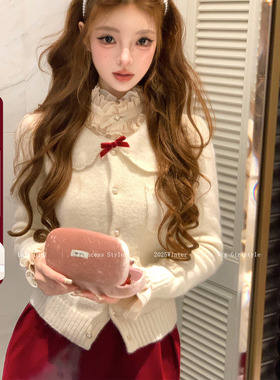 Lazy Didi柔光回忆 马海毛羊毛娃娃领开衫甜美蝴蝶结软糯针织衫