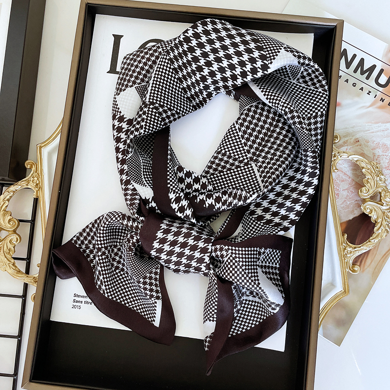 韩国千鸟格桑蚕丝丝巾女春夏季百搭双层双面真丝围巾细窄领巾飘带