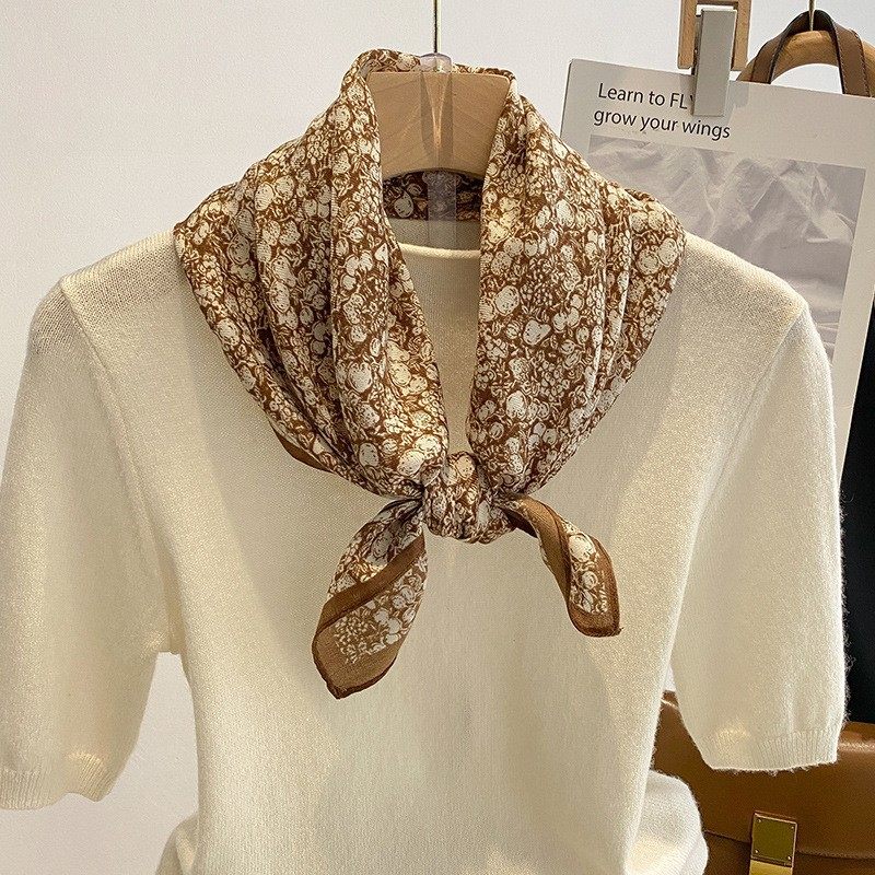 2025韩版复古时尚印花小方巾女丝巾装饰领巾职业围巾春夏棉麻百搭
