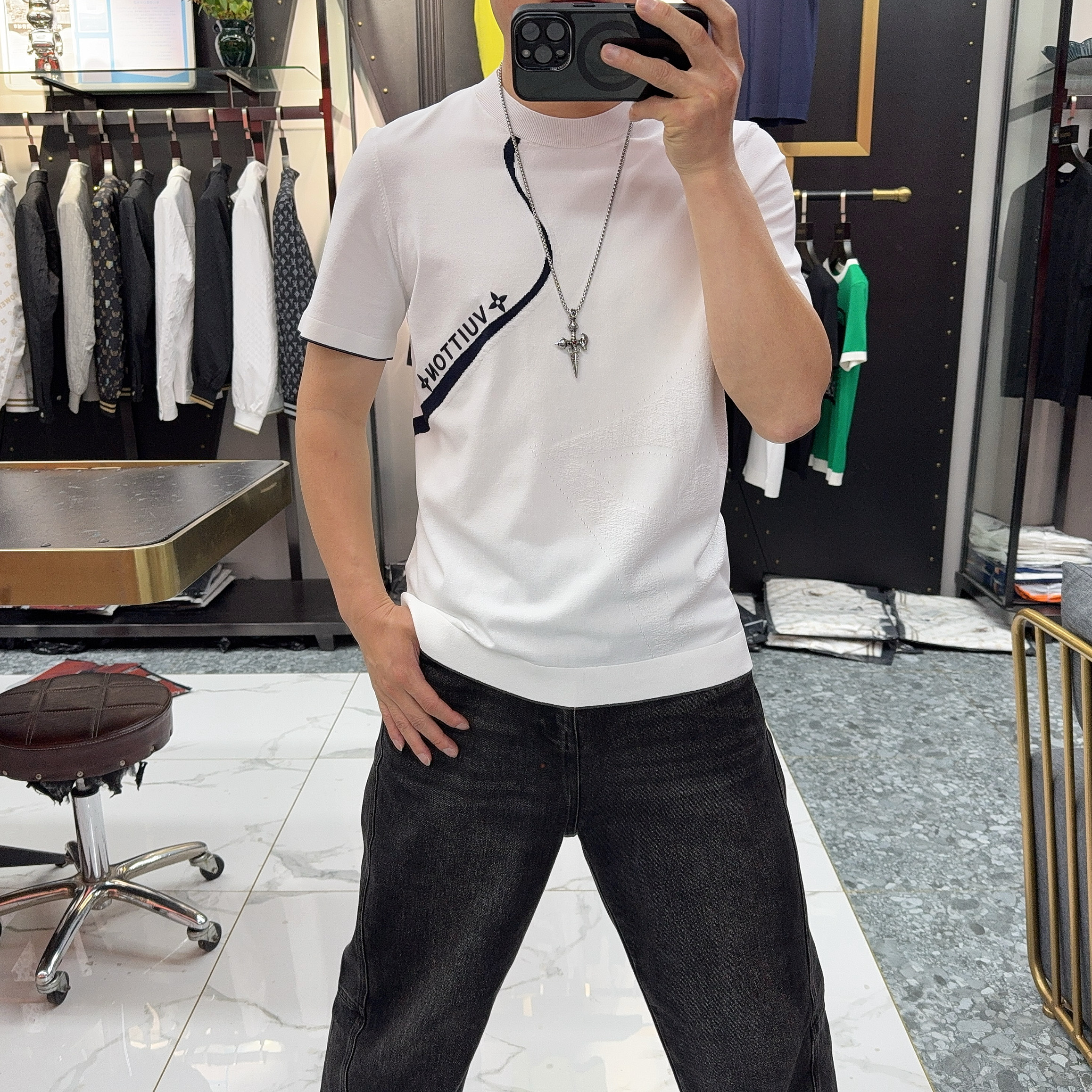 2026夏季新款潮牌圆领时尚个性提花伊力特冰丝短袖T恤男针织衫潮