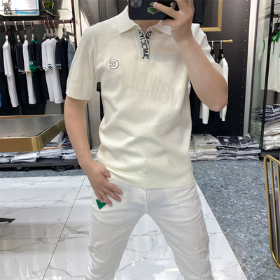 羊毛衫短袖男2026春秋新款个性简约字母提花修身百搭针织polo衫潮