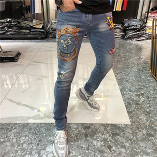 个性 新款 潮牌小脚印花字母牛仔裤 男潮流修身 男士 牛仔长裤 2020夏季
