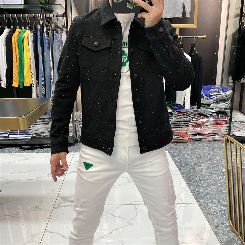 牛仔外套男秋季新款潮牌重工满天星烫钻翻领牛仔夹克男修身上衣潮,男装,夹克,淘宝优惠券,粉丝福利购,淘宝优惠卷