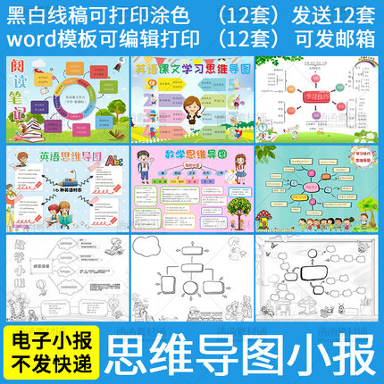 a429卡通思维导图小报word模板 小学生英语阅读数学学习技巧线稿