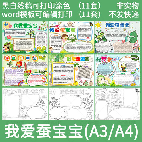 小学生我爱蚕宝宝成长word模板电子小报手抄报A3A4黑白线稿涂色