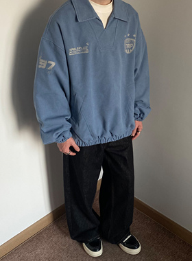 UNLG美式复古水洗做旧运动风翻领v领帆布卫衣男秋冬宽松休闲上衣