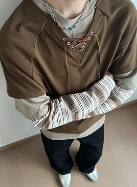 UNLG美式复古绑带插肩袖假两件长袖t恤男春秋宽松设计感条纹上衣