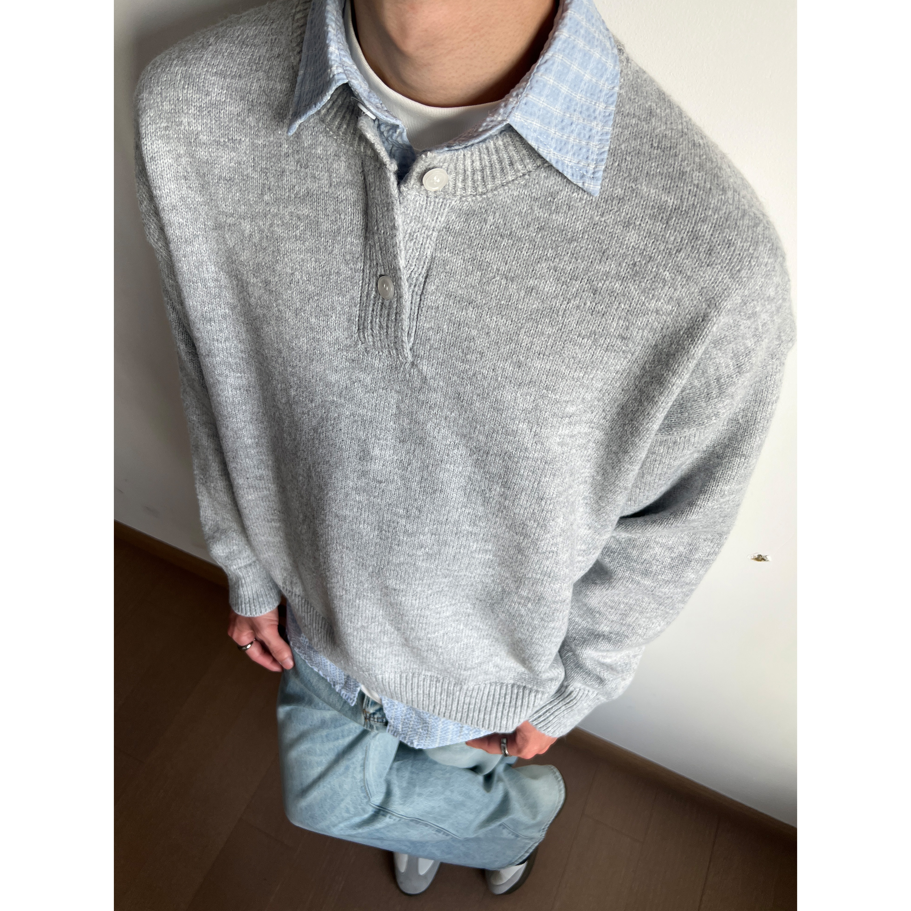 UNLG美式复古衬衫领针织衫