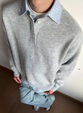 UNLG美式复古衬衫领假两件毛衣男秋冬季休闲简约高级感翻领针织衫