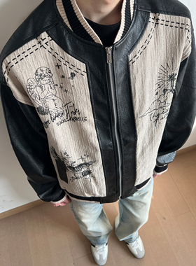 UNLG美式复古拼接pu皮棒球服夹克男春季宽松设计感涂鸦痞帅外套潮