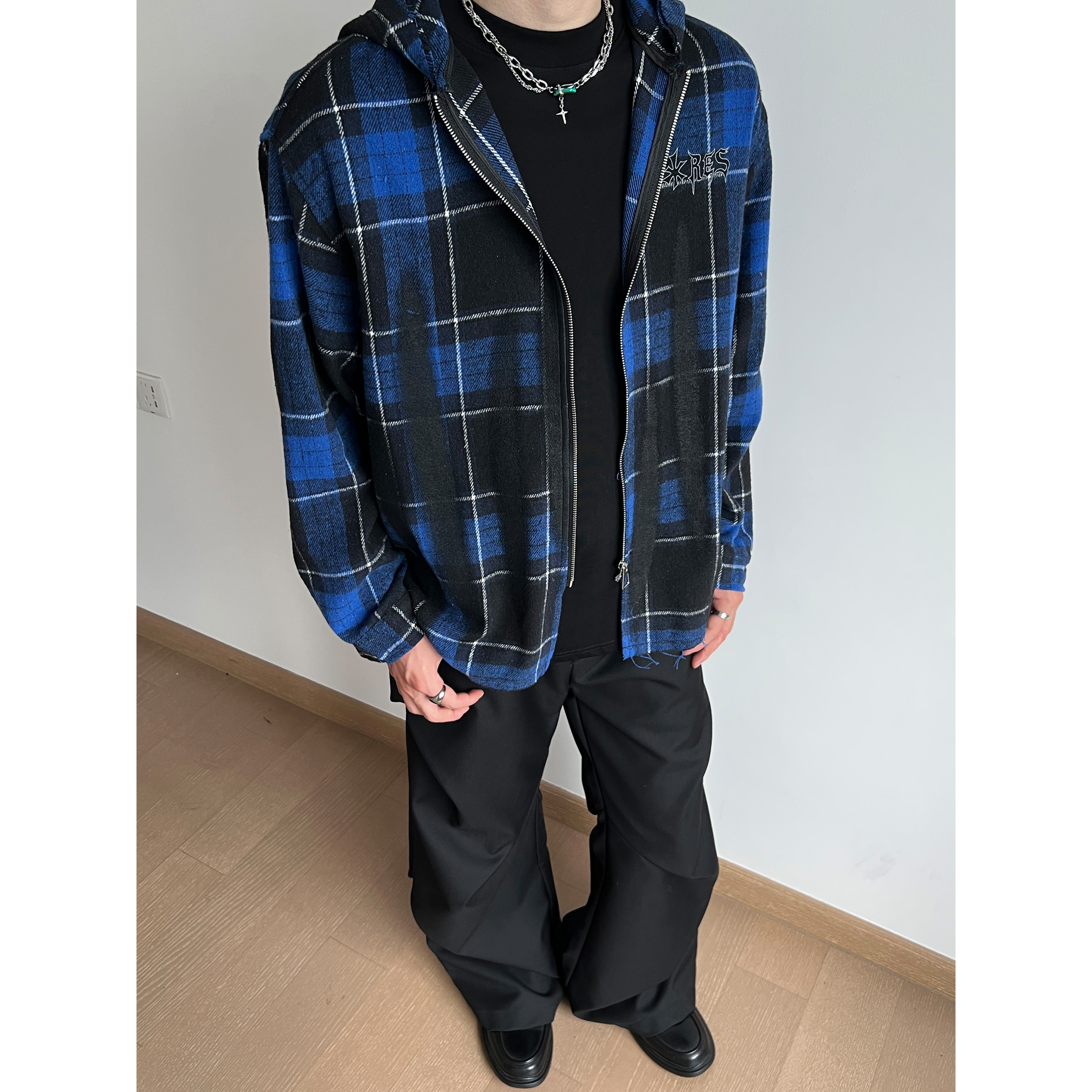 UNLG美式复古连帽格子衬衫外套男秋季宽松休闲设计感夹克毛边帽衫