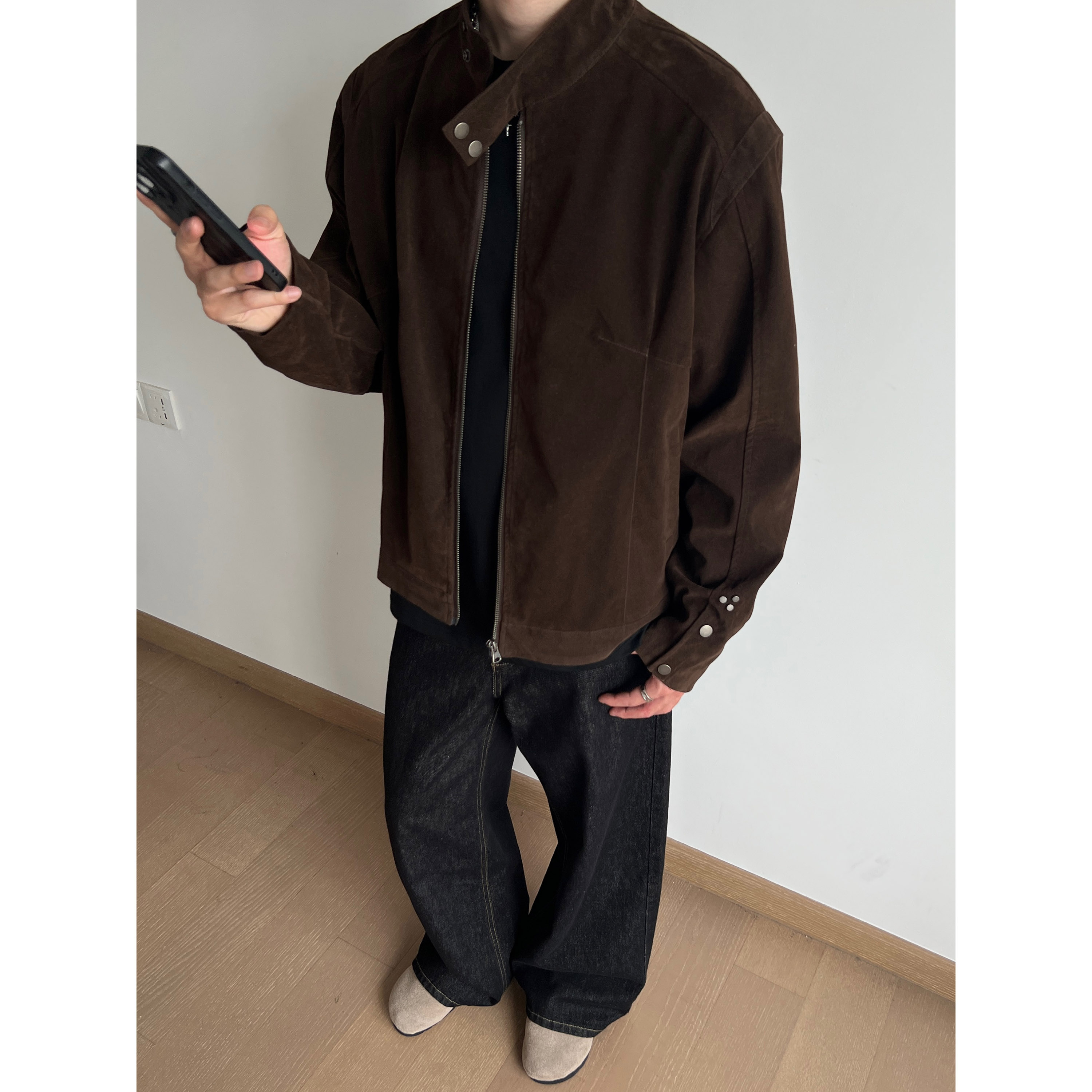 美式复古麂皮绒立领夹克