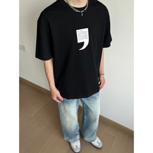 UNLG美式复古逗号纯棉短袖t恤男夏季宽松慵懒风休闲简约高级上衣