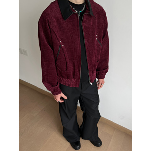 UNLG美式复古皮领拼接翻领短款麂皮绒外套男秋季高级cleanfit夹克