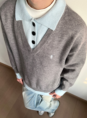 UNLG美式复古假两件polo领毛衣男秋冬季宽松设计感简约高级针织衫