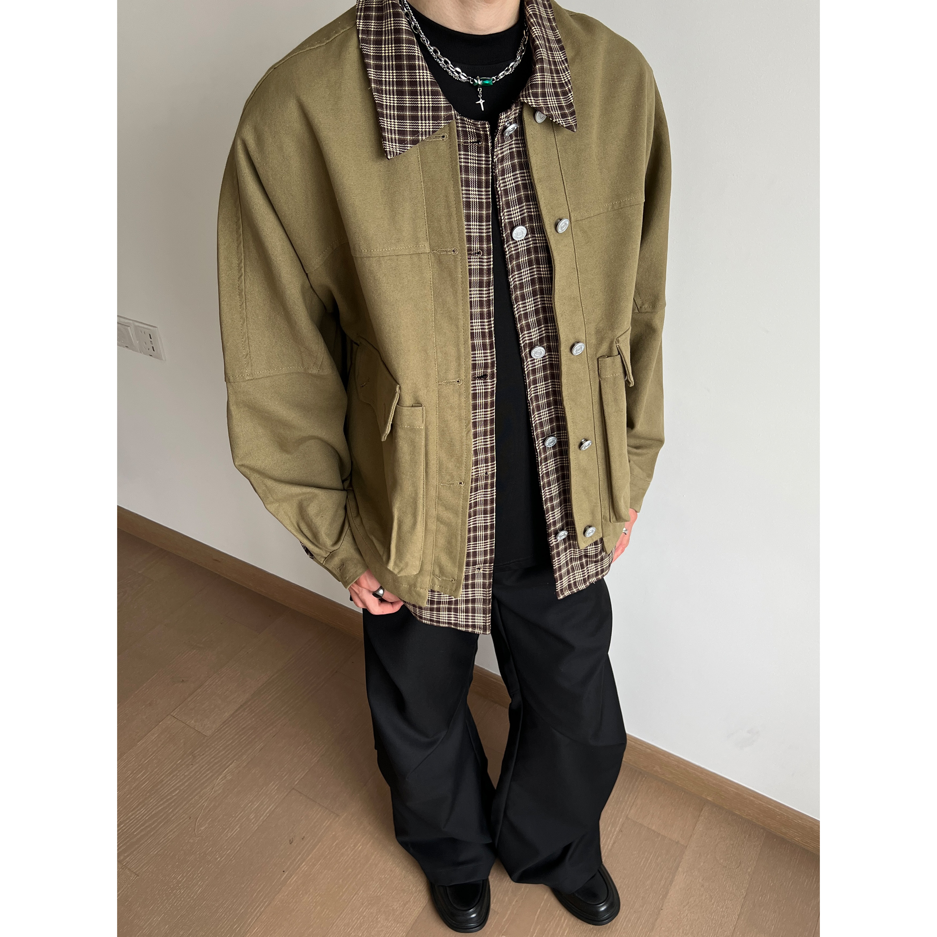 美式复古翻领格子拼接工装外套男